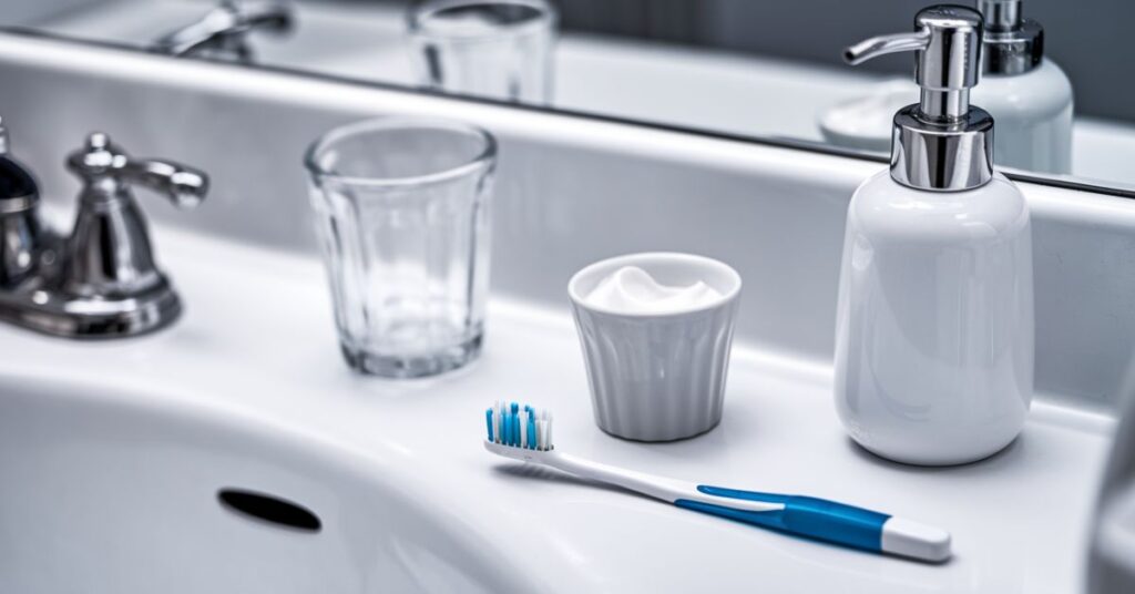 A 15 centimeters toothbrush is placed on the sink with a glass and handwash