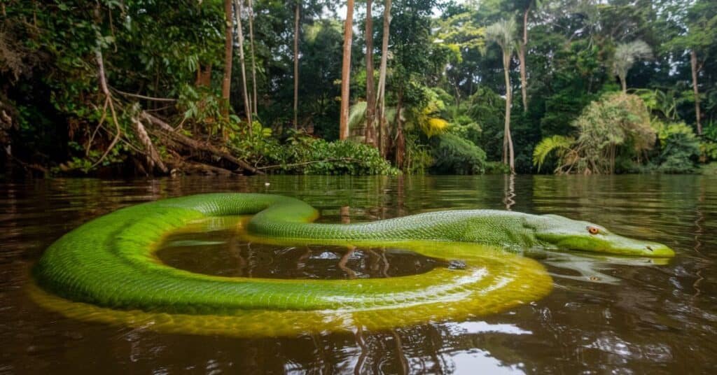 A green anaconda in the water, in which more than half of its body is under the water.