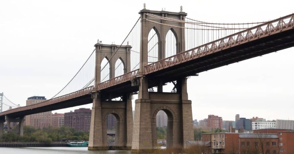 he Brooklyn Bridge, spanning the East River, with its roadway positioned above the water.