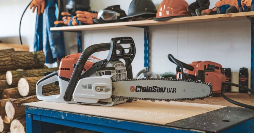 A chainsaw bar displayed on a workshop, ready for use.