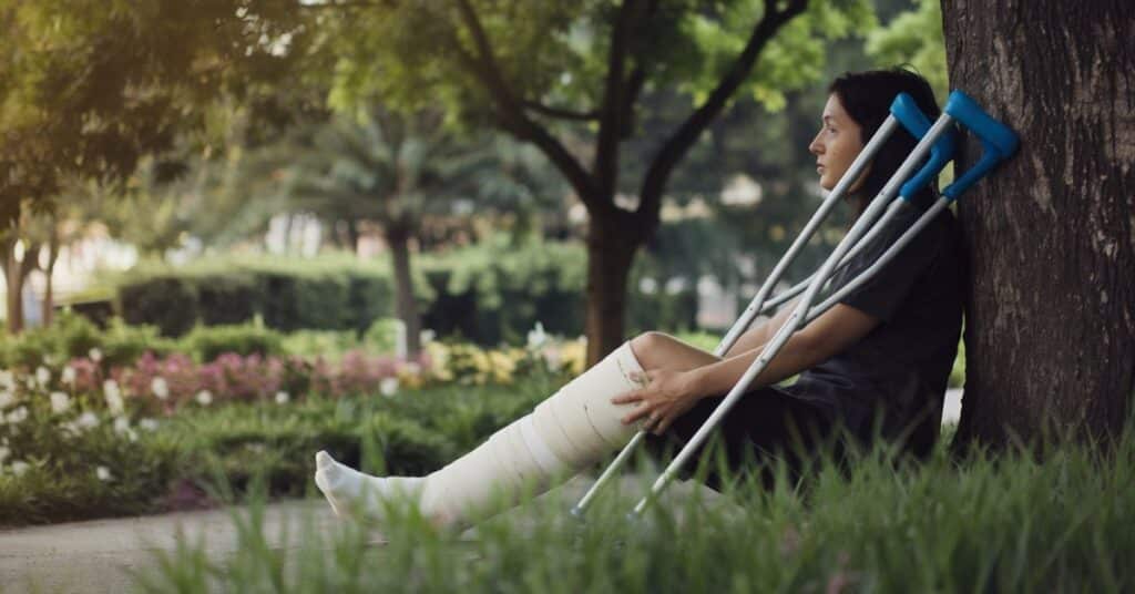 A pair of crutches is placed right besides the injured women