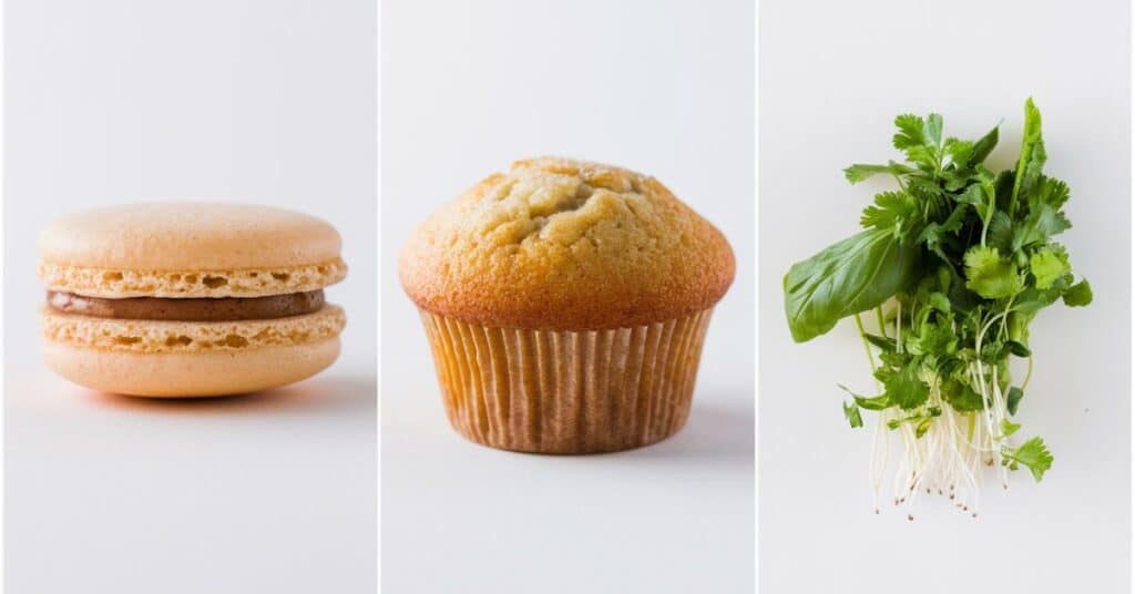 Collage of three culinary items measuring 5 centimeters: a macaron, a mini muffin and herb sprouts, displayed in a vertical column format.