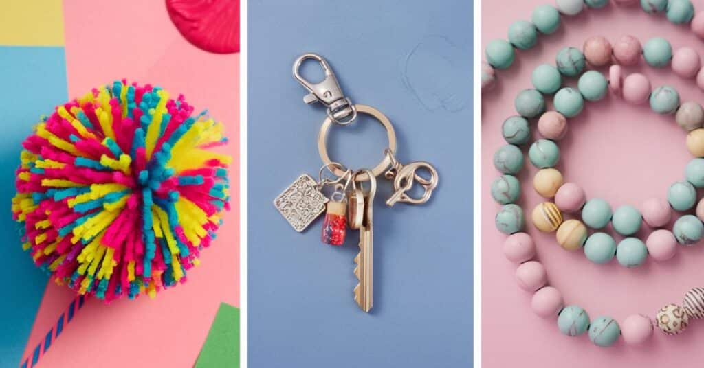 Collage of three DIY and crafting items: a pom pom, a keychain ring with charms, and a strand of beads used in jewelry making, arranged vertically in a column.