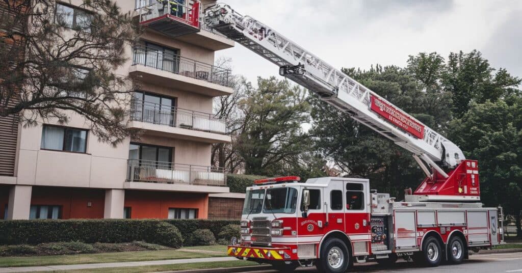 Fire truck with extended ladder, emphasizing the 25 feet length.