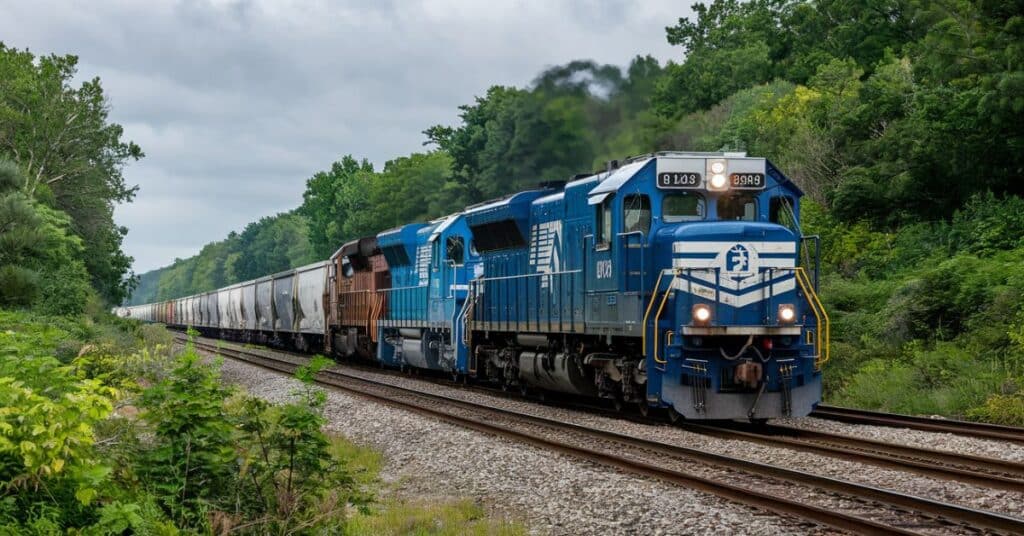 A freight train car, typically around 80 feet long.