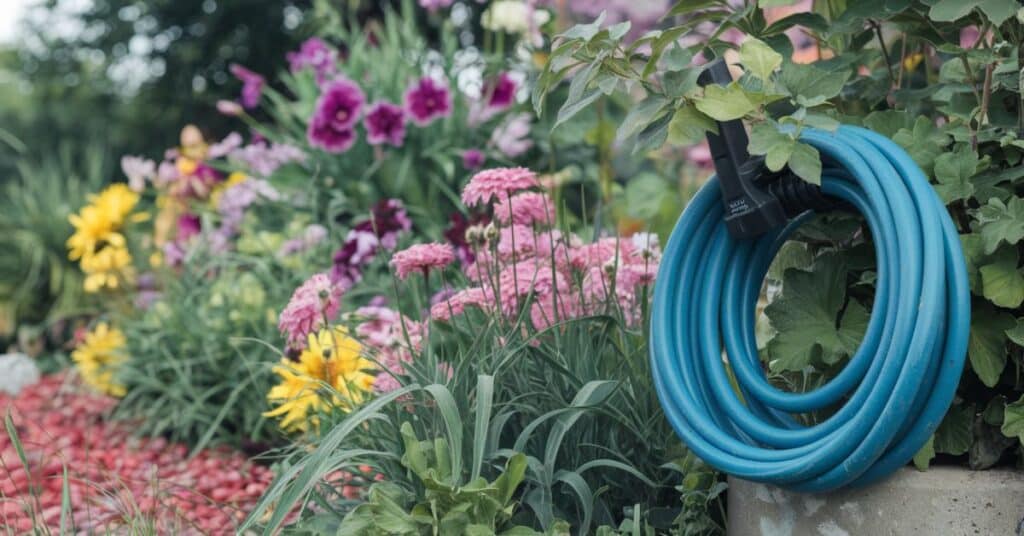 garden hose coiled among vibrant flowers in a garden.