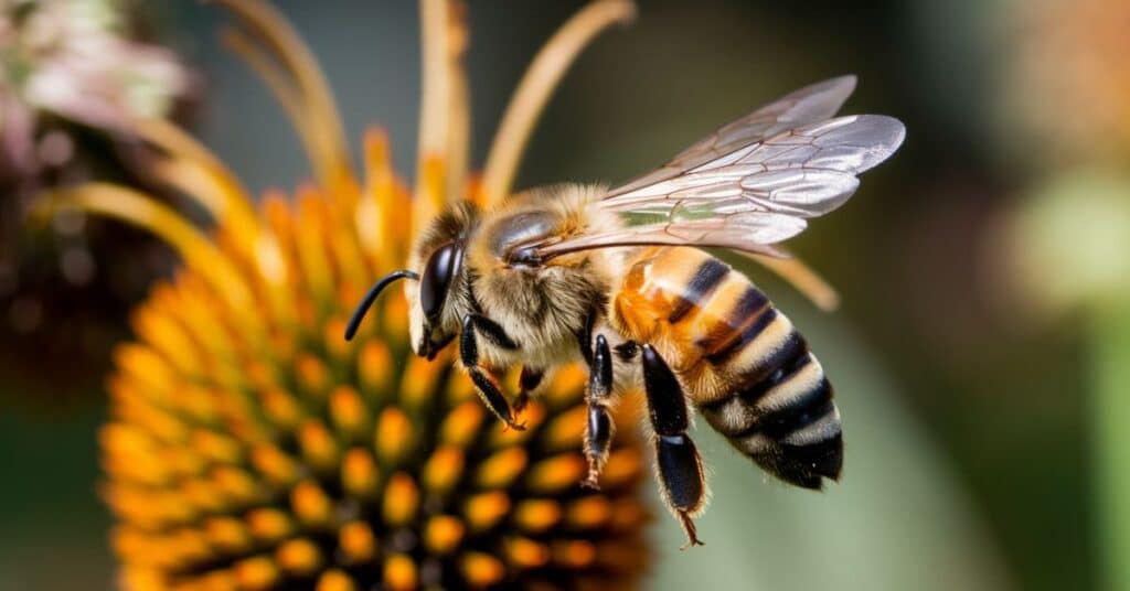 Close up photo of a honeybee with flower background, highlighting its 2 centimeter wingspan.