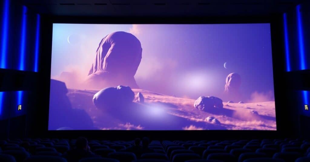 An IMAX theater featuring a large screen measuring hundered feet diagonally.