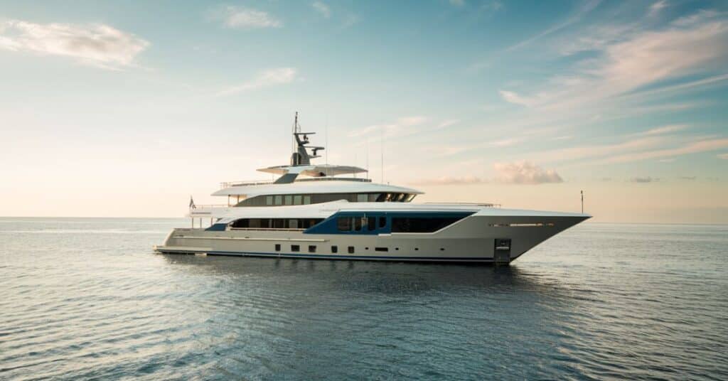 A large yacht measuring about 80 feet in the sea, symbolizing luxury and leisure.