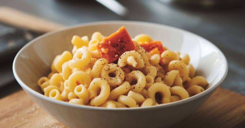 cooked macroni in the bowl, illustrating its 2 cm length.