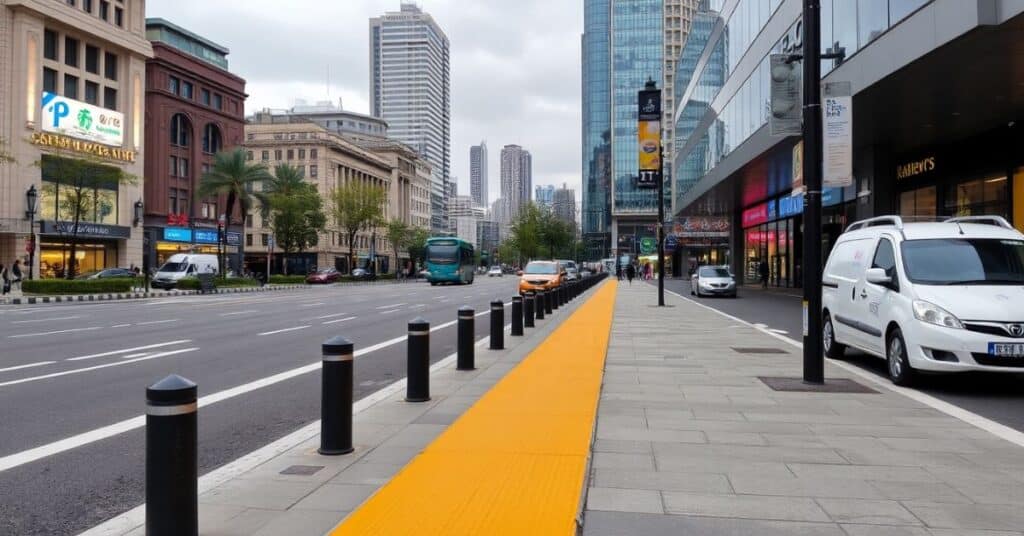 A vibrant image of Metropolis City sidewalks.