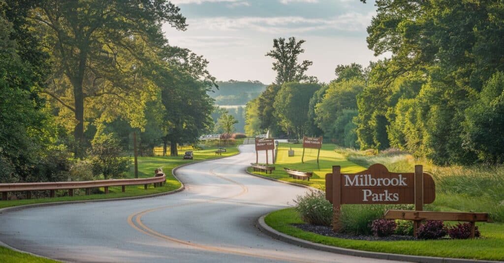 A photo of Millbrook Parks, a park with a winding road surrounded by greenery. There are wooden signs with the park's name. The background reveals a clear sky with a few clouds.