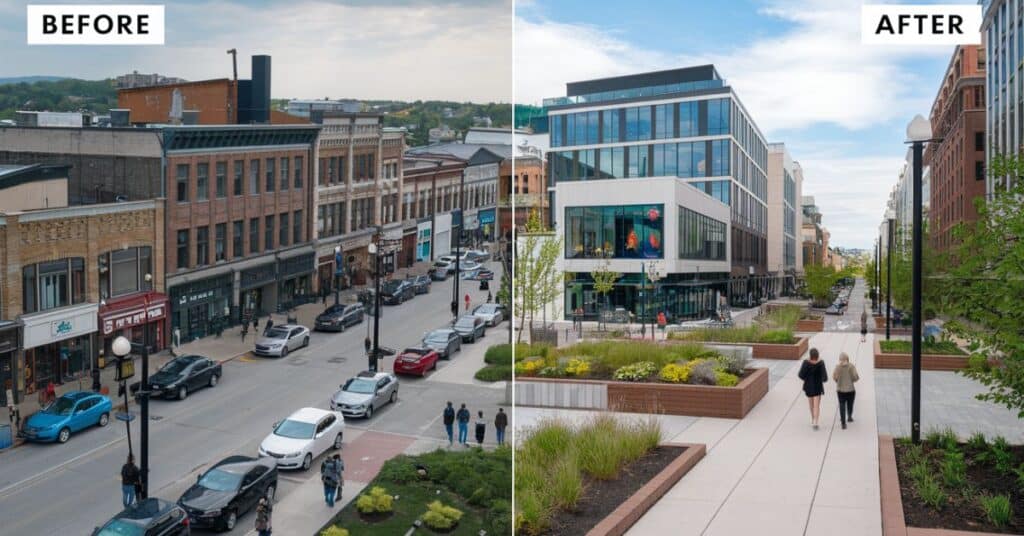 A before and after comparison of Oakville’s downtown, showing the improvements made through the "100 Feet Rule" revitalization project.