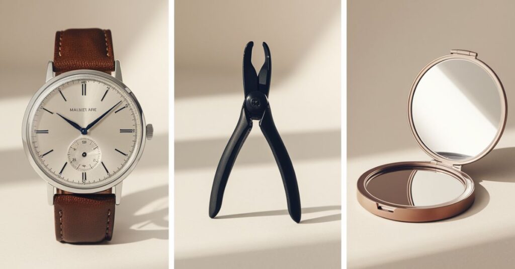 Collage of three personal items: wristwatch, nail clippers, and a compact mirror, all arranged in a vertical column format.