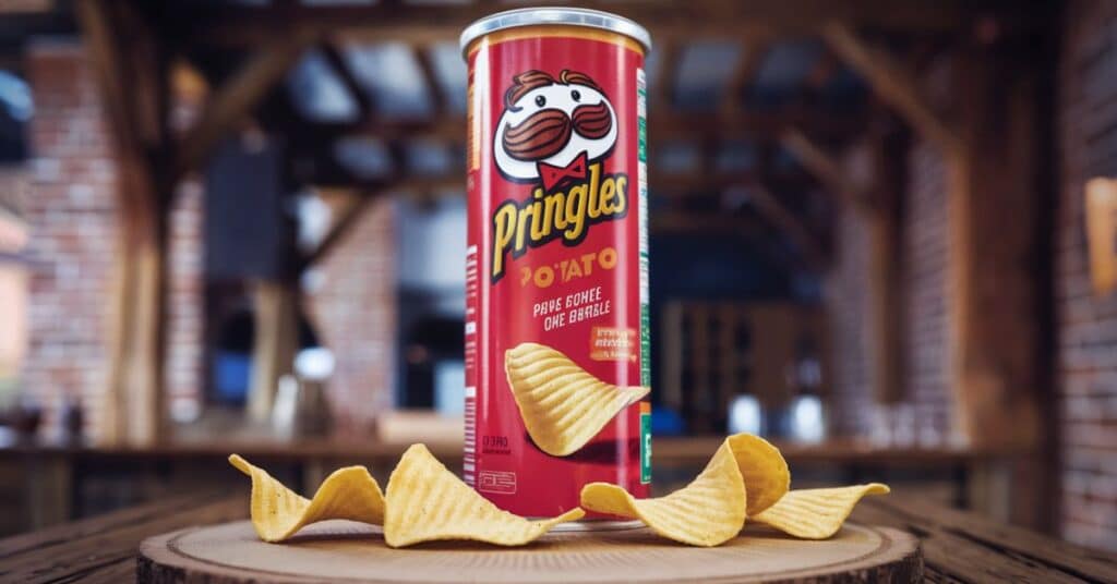 A Pringles can is standing upright on a wooden board. There are several Pringles chips scattered around the board.