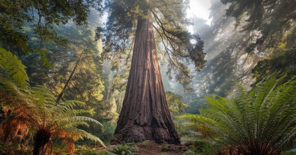 An impressive redwood tree, showcasing its height and natural beauty.