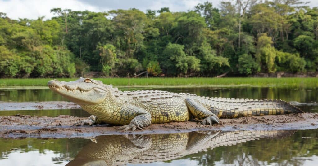 Saltwater crocodile resting on the dry area of the pound.