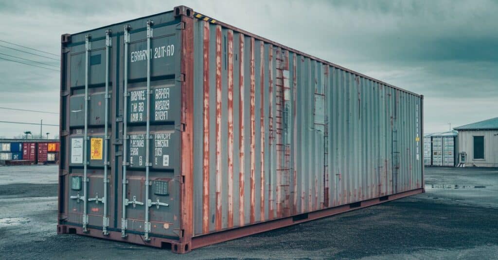 A shipping container is ready to be shippped at the port.