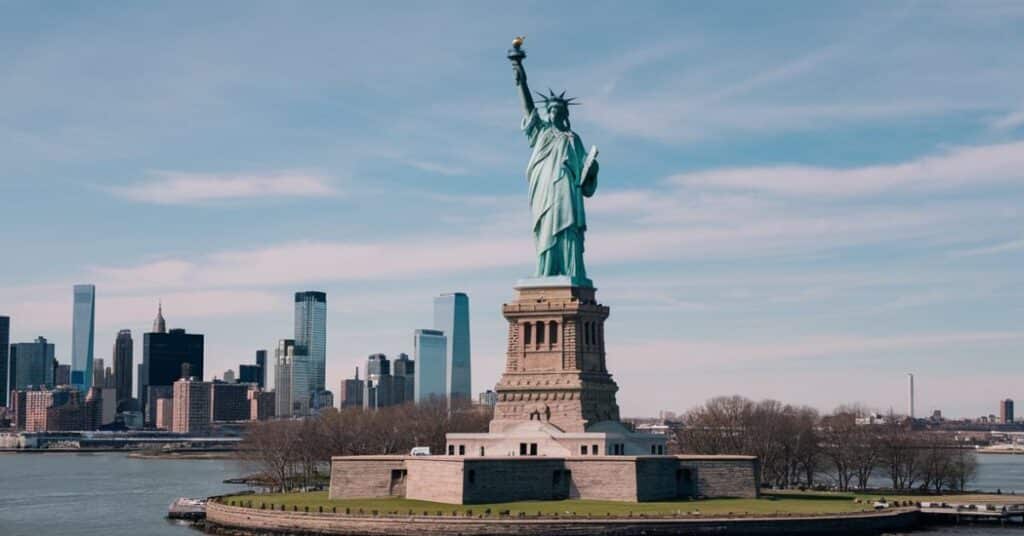 The Statue of Liberty, measuring almost 100 feet from heel to waist, standing proudly