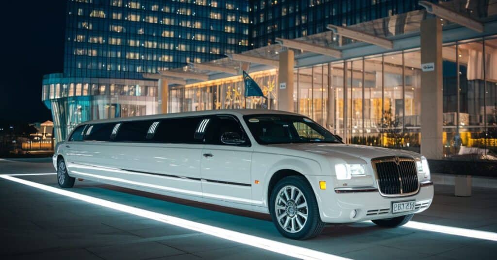 A stretch limousine parked in front of a fancy hotel at night.