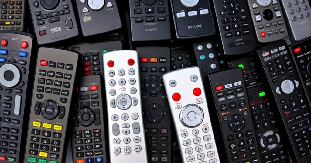 Different TV remote controls displayed side by side, showcasing its length around 15 centimeters.