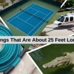 A collage featuring various 25 feet objects, including a Robinson R22 Helicopter, tennis court, saltwater crocodile and Garden Hose