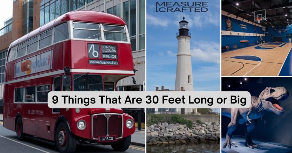 A collage showing a london bus, T. rex, lighthouse and basketball court, all highlighting examples of 30 feet in length.