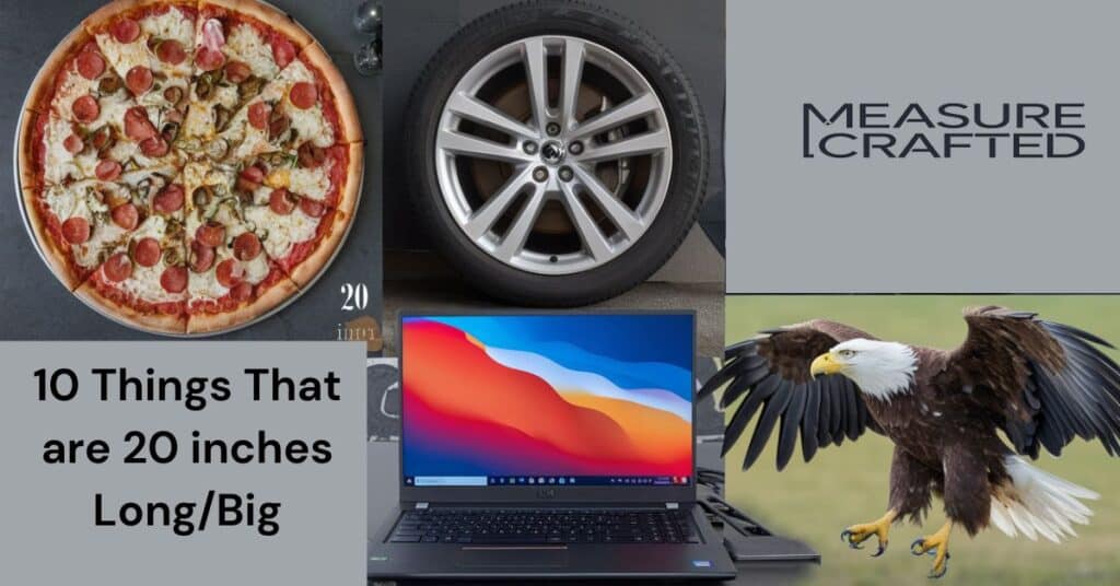 A collage of different 20 inches items, including a laptop, pizza, eagle, and car wheel rims, representing the versatility of this measurement.