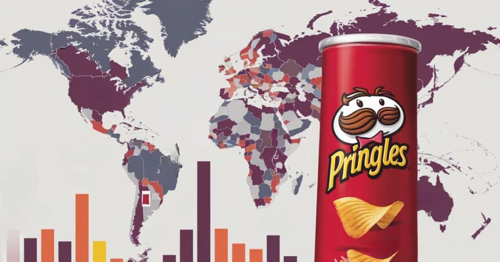 An image of a pringle can with the world map in the background. It also has a bar graph showing the most sales in the particular area.