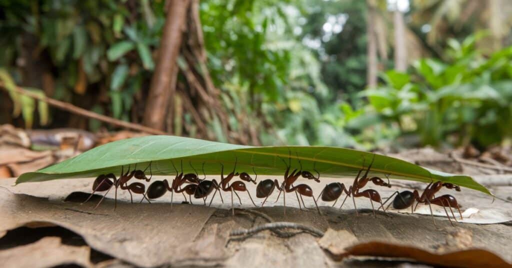 a line of ants under the leaf in forest