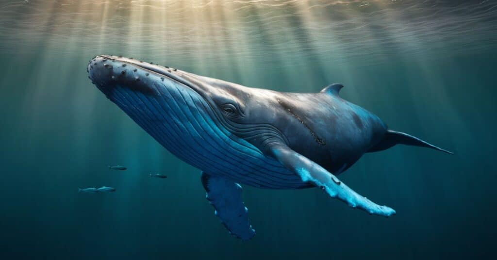 A blue whale gliding through the ocean, highlighting its size as one of the largest animals on Earth.