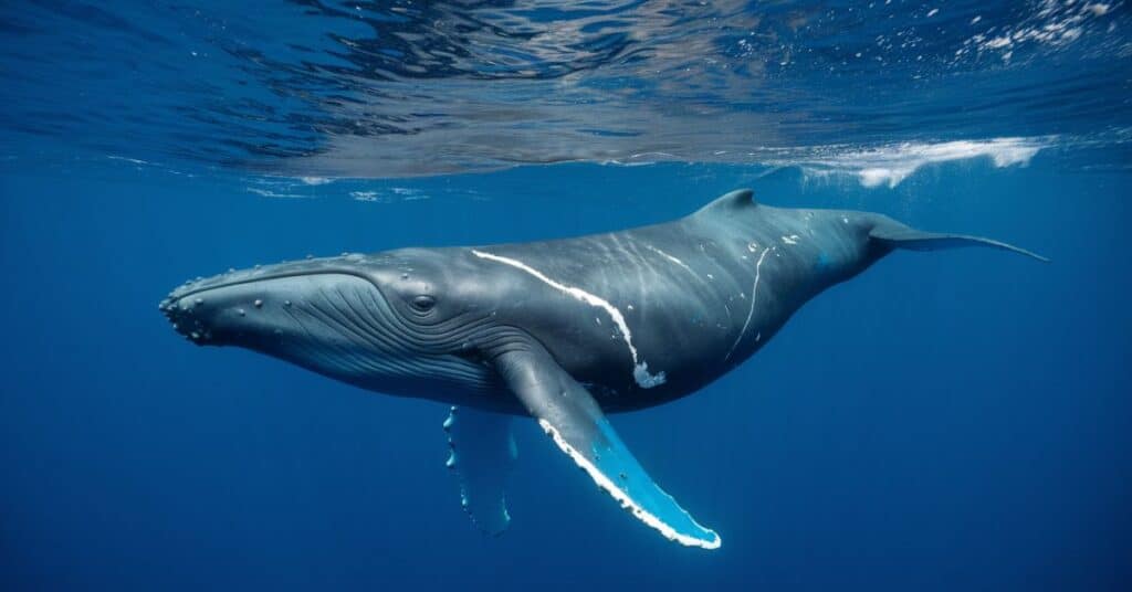 Blue whale swimming in the ocean, showing its impressive length.