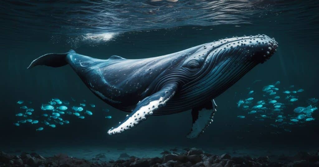 A blue whale swimming in the ocean, representing the awe inspiring 80 feet measurement.