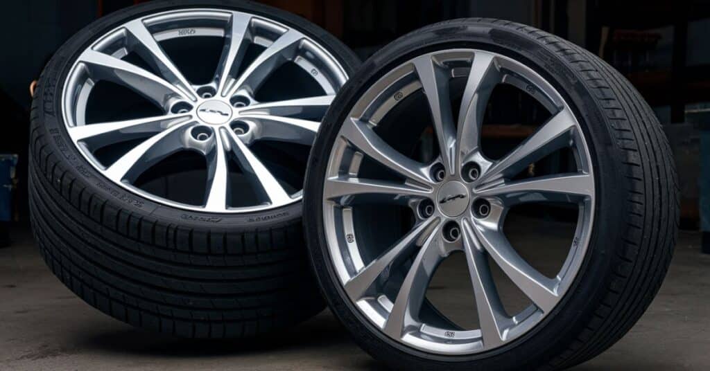 A photo of a set of car rims. The rims have a polished silver finish and large, black wheels