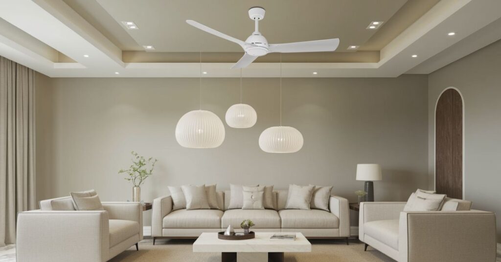 A ceiling fan in the living room with blades measuring 3 feet.