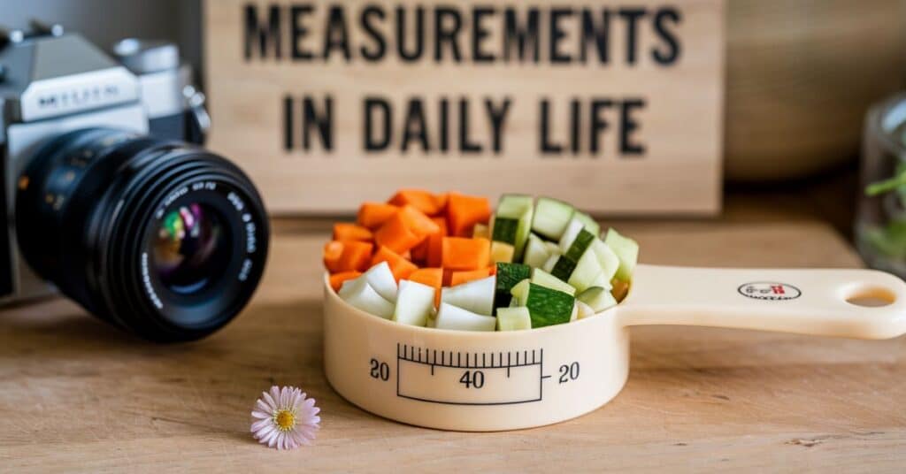 showing the practical applications of 5 centimeters: a measuring cup with 5 cm of chopped vegetables for cooking, and a camera focusing it."