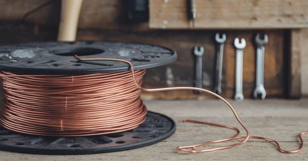 A spool of copper wire placed in the workshop