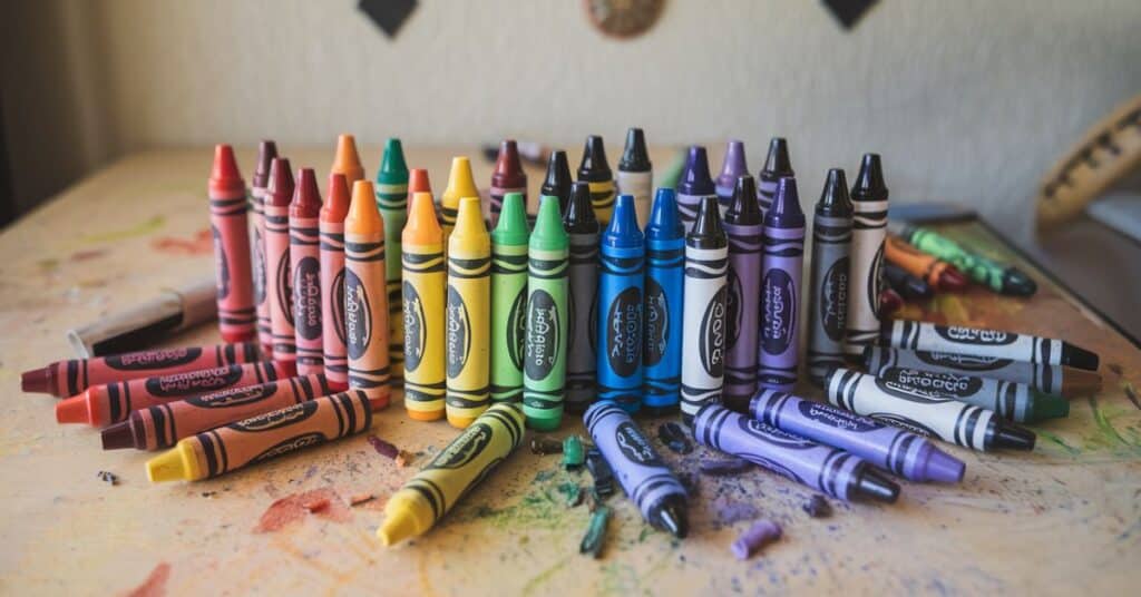 A colorful collection of crayons, each measuring almost 15 centimeters, emphasizing their role in creativity.