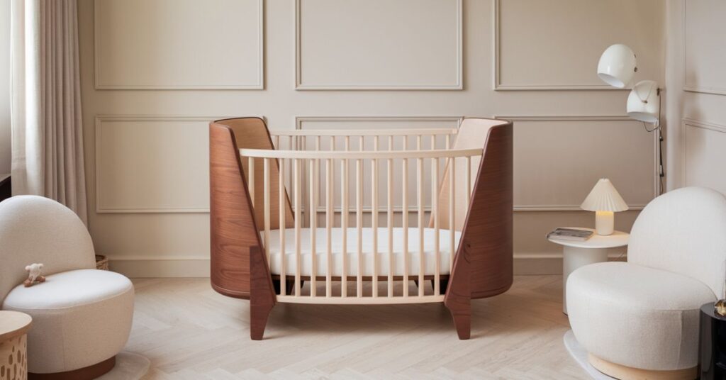 A beautifull crib with wooden design is placed in the room.