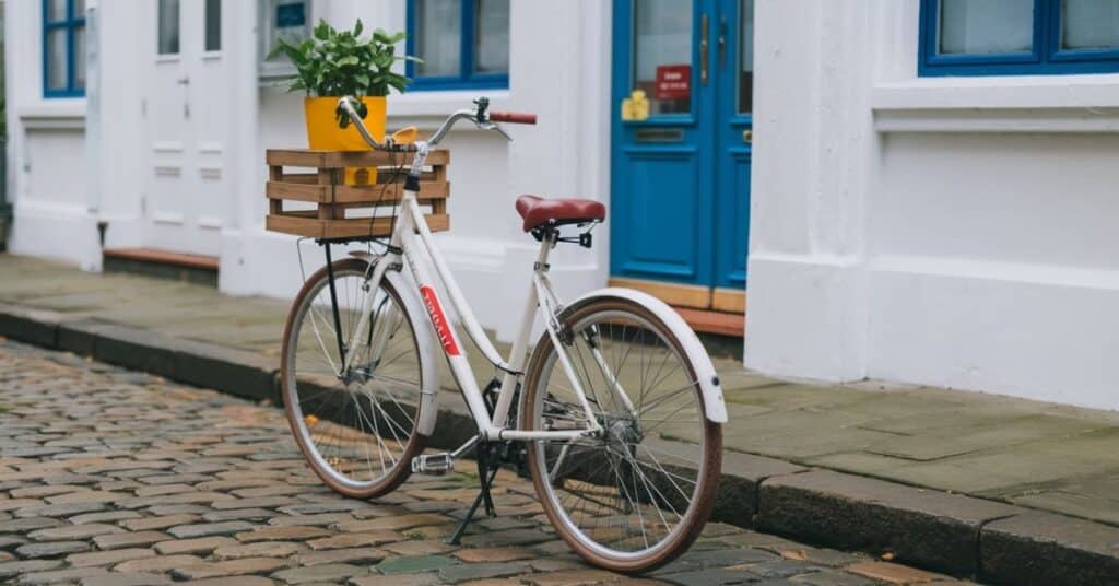 A cycle, parked on the road, showing its frame size of 20 inches