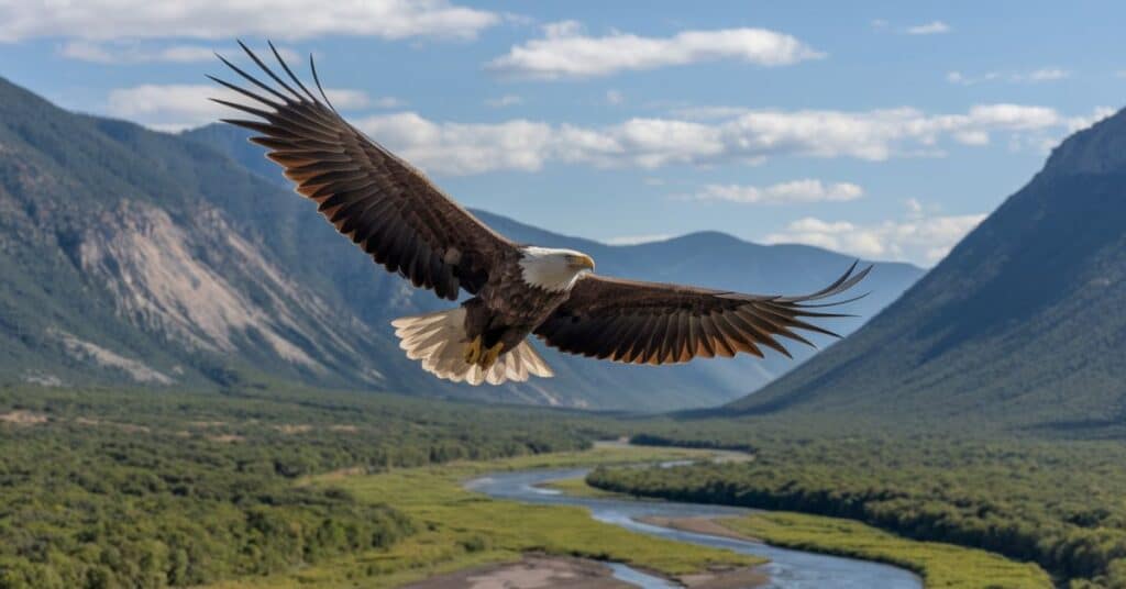 An eagle flying with a wingspan of 20 inches, demonstrating its grace and power.