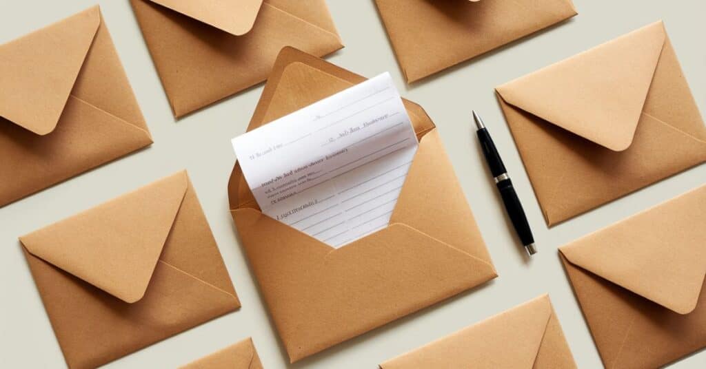 Different closed envelops and 1 open envelope with a folded letter, showcasing its size of 15 centimeters.