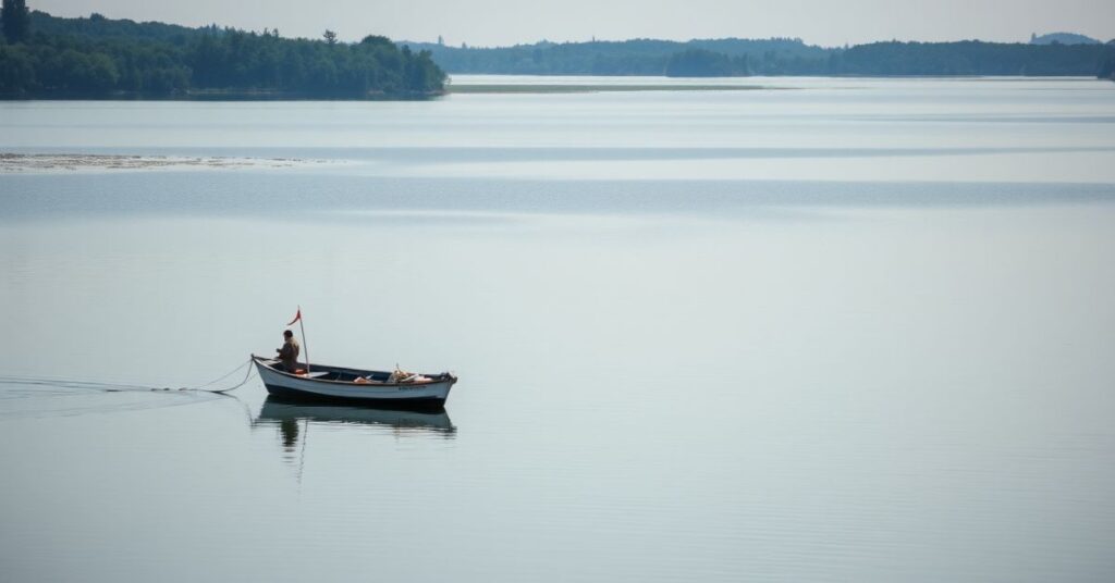 An image of a 5 meter fishing boat in the lake,, highlighting its practicality for recreational fishing.