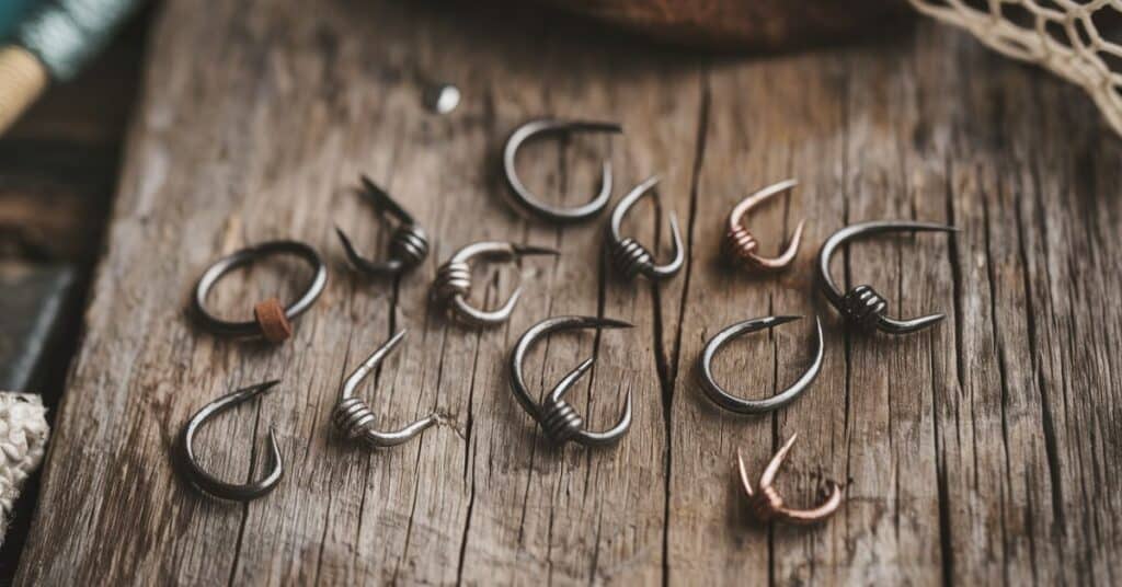 Small fishing hooks measuring one inch in length.