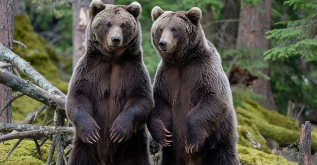 A image of two grizzly bears standing in the forest.