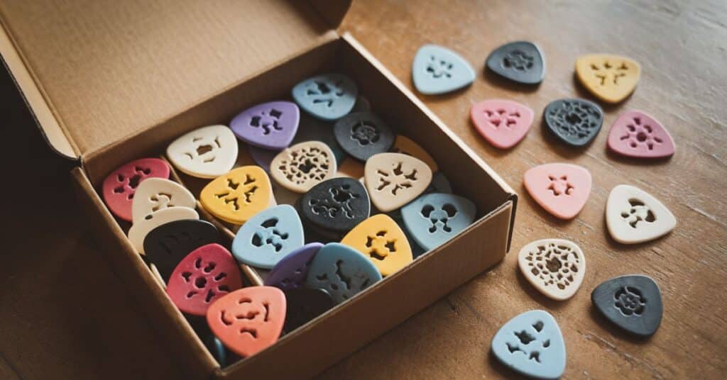 A collection of guitar picks, placed on the table, each showcasing the measure of 2 millimeters.