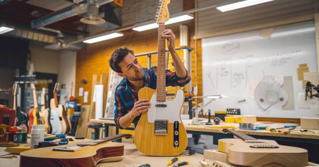 A man holding the guitar with the maximum length of 3 feet in the workshop.