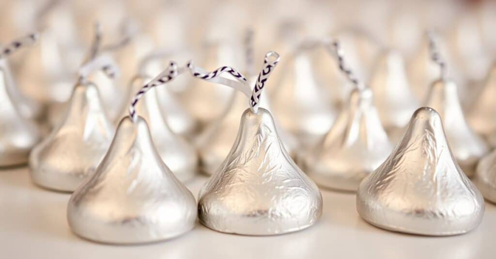 Hershey's Kisses lined up, showcasing their 1 inch heights.