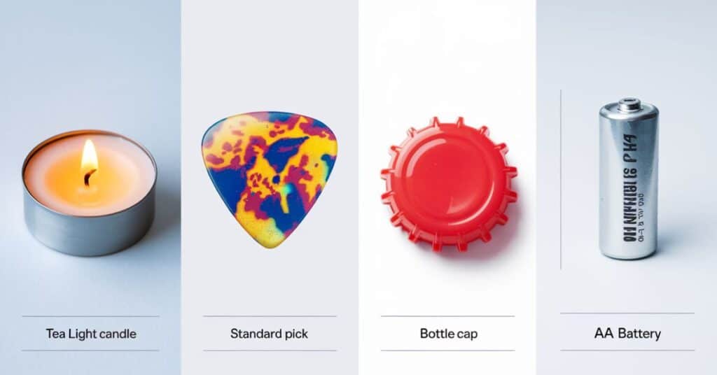 Collage of four household items measuring 5 centimeters: tea light candle, guitar pick, bottle cap and AA battery, displayed in a vertical column format.