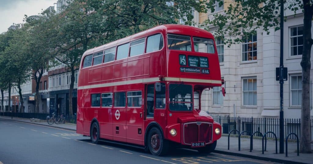 A New Routemaster bus in London, demonstrating its 30 feet length.